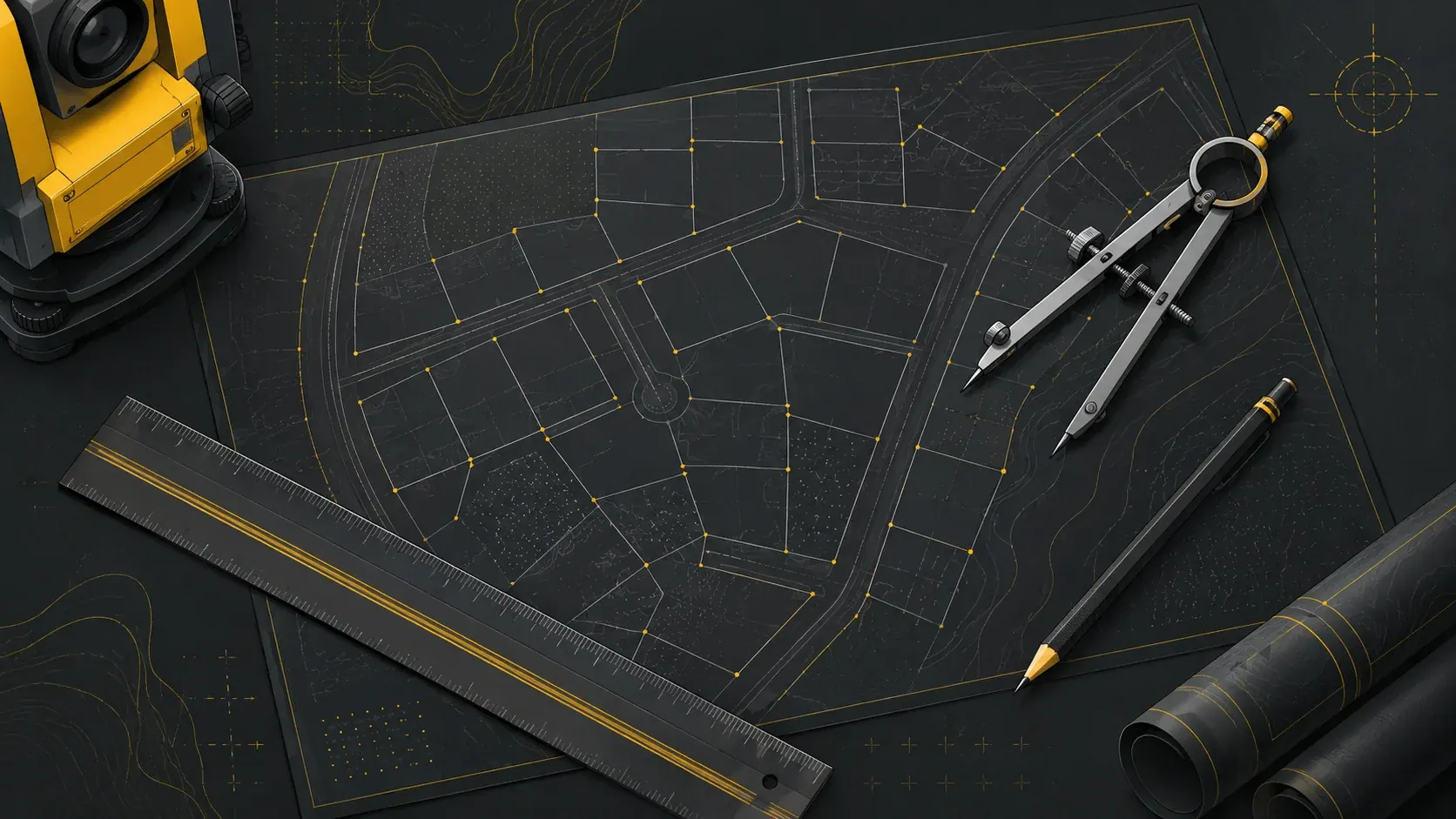 Survey drafting tools on an engineering plan